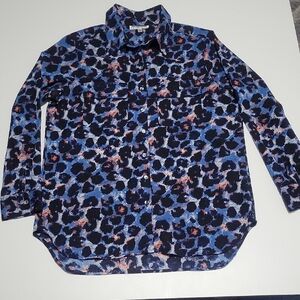 Blue and Black Leopard Print Women's Button Down  Size L